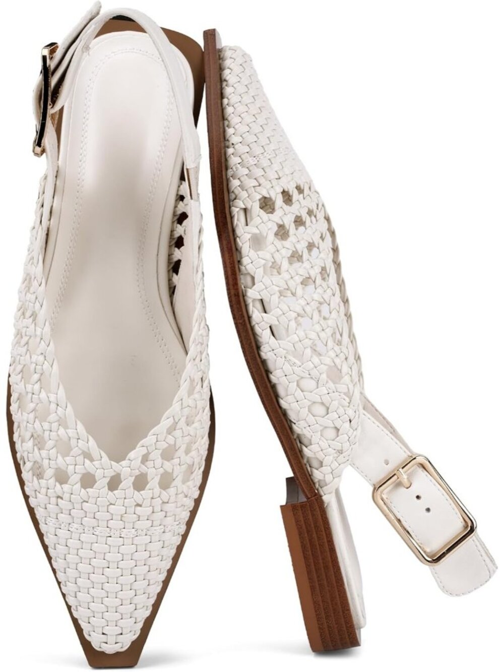 Women's Woven White Closed Pointed Toe Slip On Style Office Wear Flat Mule Shoes
